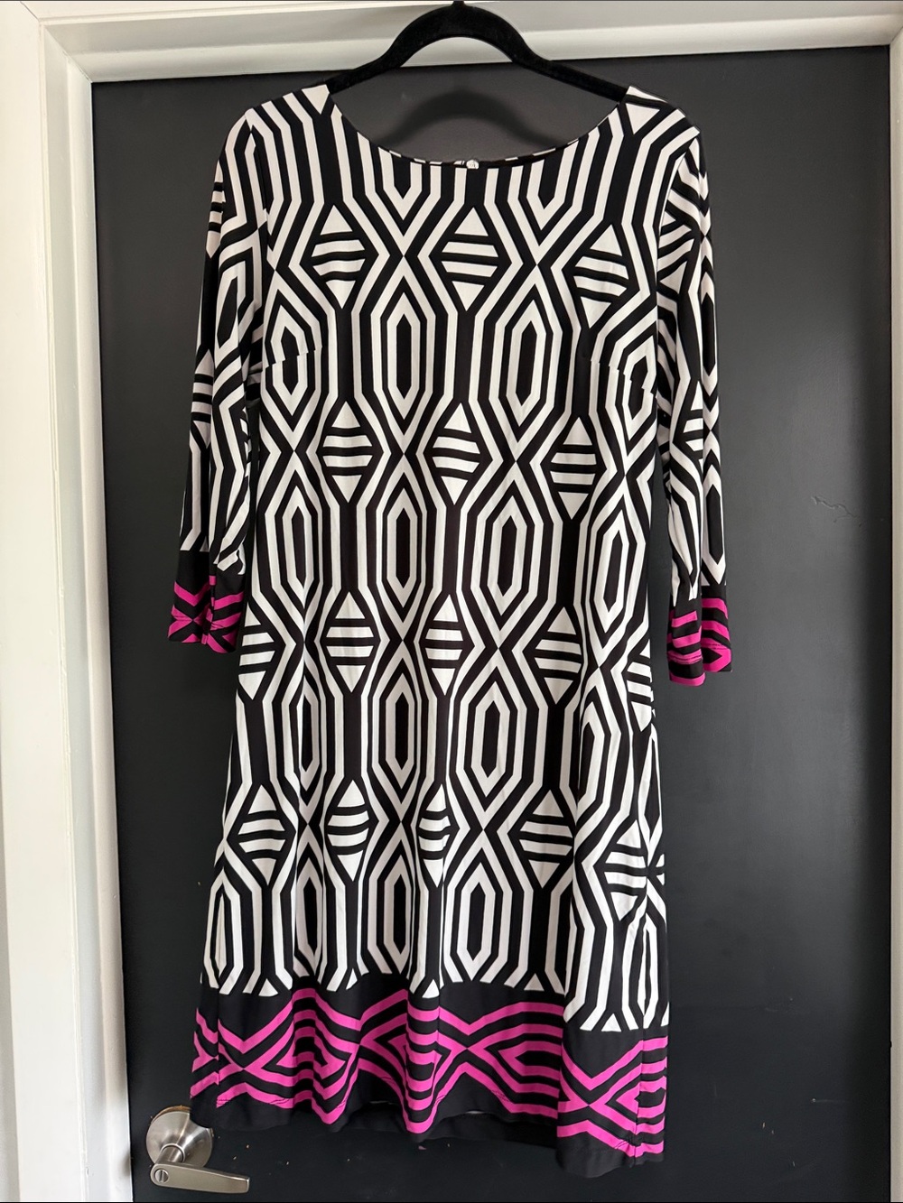 Geometric Black & White Long Sleeve Shift Dress with Pink Trim